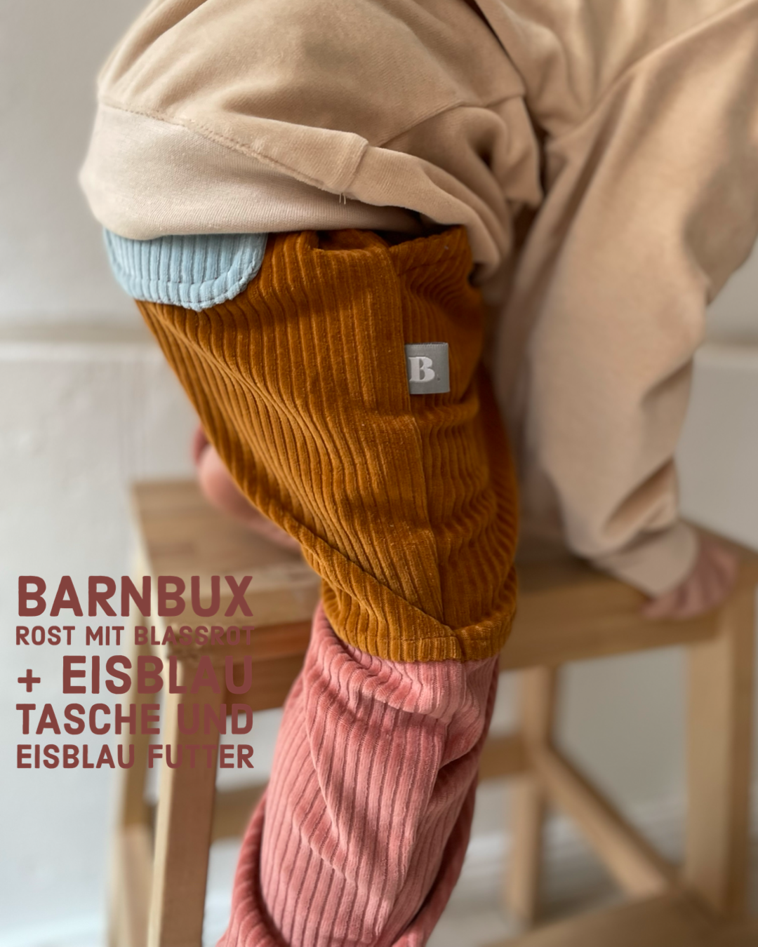 Faire Biobabymode mitwachsende Kinderhose Blassrot Rost Eisblau I BARNBUX