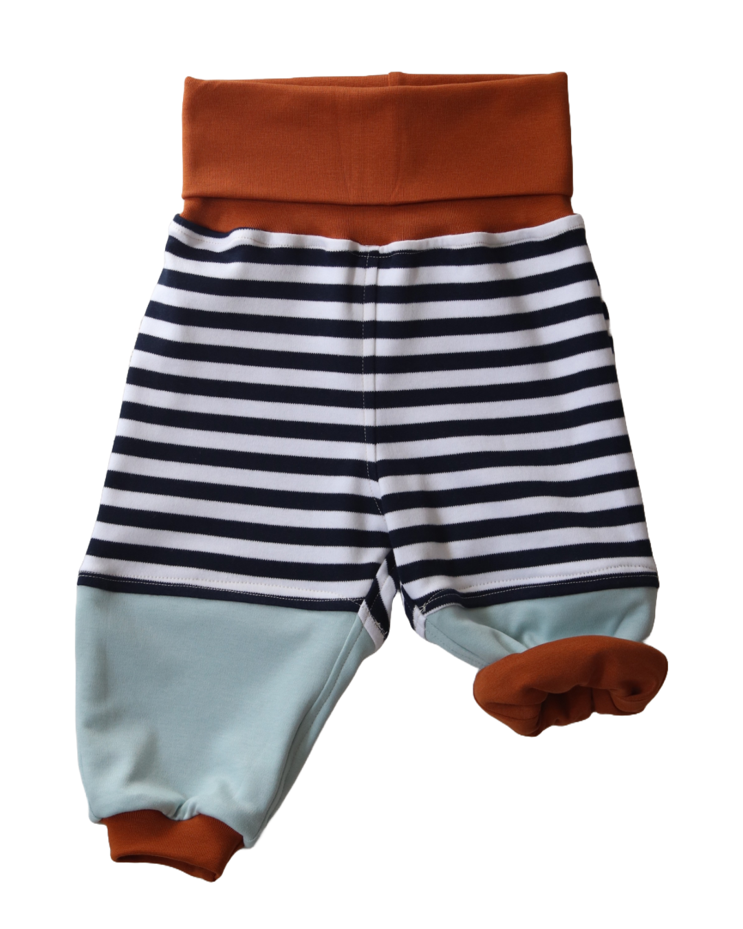 mitwachsende Babyhose aus Biobaumwolle Marine geringelt